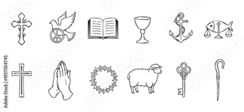 A curated collection of traditional Christian religious symbols and spiritual elements perfect for devotional graphics, educational resources, and faithbased community publications.