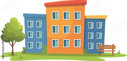 Flat vector illustration of contemporary residential apartment building with green park, tree, bench, and community outdoor space