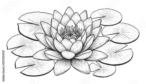 Detailed black and white line drawing of a blooming water lily with lily pads suitable for naturethemed graphic design projects, coloring books, or botanical prints