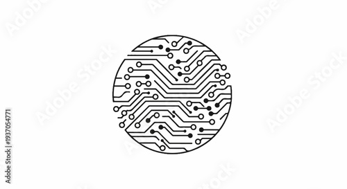 Abstract circular circuit board design with intricate pathways and nodes