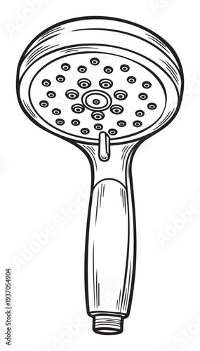 Black and white line drawing of a modern handheld shower head, perfect for illustrating bathroom plumbing, hygiene concepts, and home renovation guides