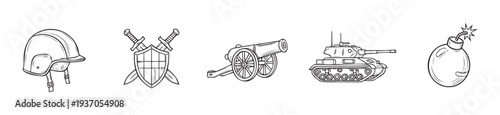 Hand drawn military and warfare objects sketch featuring a helmet, shield, swords, cannon, tank, and bomb, ideal for historical or educational combat content.