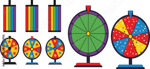 Colorful Spinning Prize Wheel Set with Carnival Game Spinner Boards and Rainbow Ticket Strips for Lucky Draw Contest Event Vector Illustration.