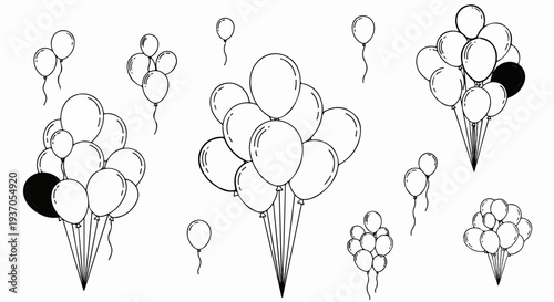 Black and white line art illustrations of various balloon arrangements