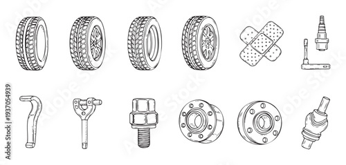 Collection of car repair and maintenance items such as tires, spark plugs, wrenches, and bearings ideal for auto mechanic shop promotions and instructional content.