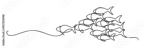 Minimalist continuous line drawing showcasing a dynamic school of fish swimming together in a unified formation, representing teamwork, unity, and the organic flow of nature, ideal for