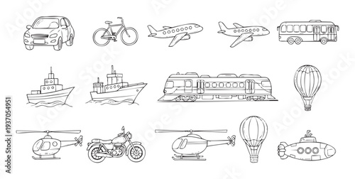 A comprehensive collection of diverse land, air, and sea transportation modes in a simplified line art style, ideal for educational content, childrens books, or themed graphic projects