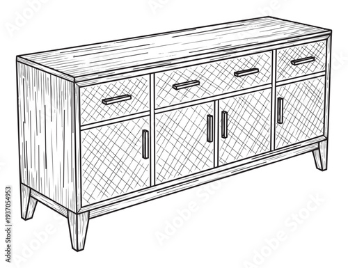 Detailed hand drawn depiction of a wooden storage cabinet with multiple compartments and handles, perfect for interior decoration concepts or furniture display materials.
