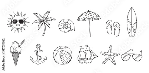 Diverse monochrome summer vacation icons for travel agency promotions, seaside holiday adventure branding projects, beach themed decor, or summer event invitations