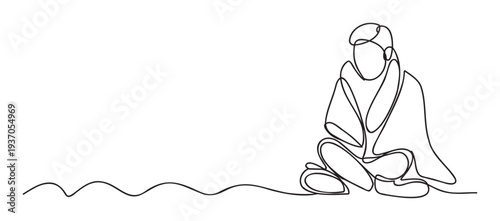 A continuous stroke drawing showcasing a figure in a peaceful, meditative pose under a cozy covering, ideal for illustrating wellness practices, comfort themes, or tranquil moments.