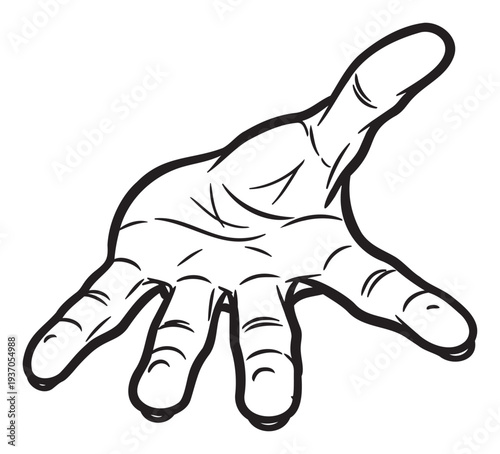 A bold graphic of an outstretched open human hand with fingers spread, offering assistance or requesting something, perfect for conveying gestures and interaction in various communication