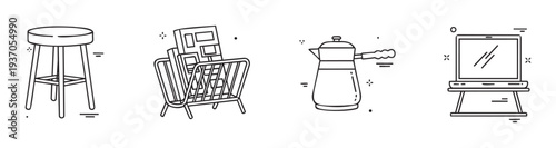 Modern minimalist line icons representing home and office essentials, including a stool, magazine rack, coffee pot, and laptop on a stand, perfect for business presentations, web graphics,
