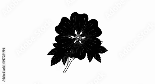 A stylized, dark, five-petaled flower with delicate stamens and leaves