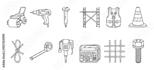 A comprehensive collection of essential construction tools, safety gear, and building equipment, perfect for depicting various aspects of renovation projects, civil engineering, and