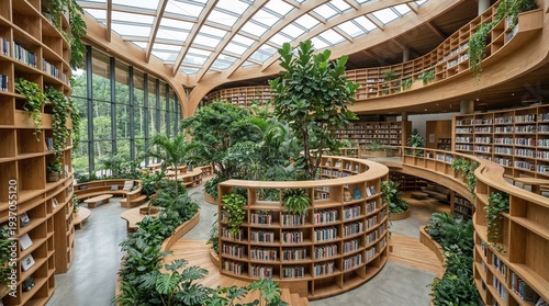 Modern biophilic library interior with wooden shelves and indoor trees, no people