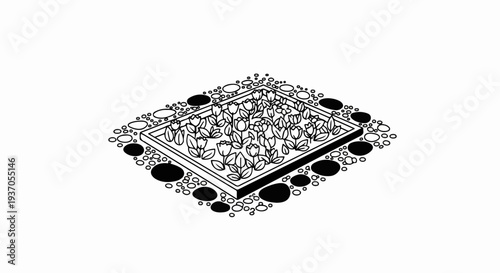 Isometric view of a square flower bed filled with tulips and surrounded by stones