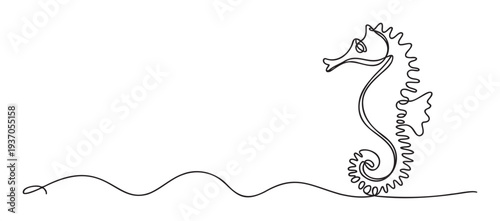 Minimalist continuous line drawing of a seahorse swimming above a wavy ocean line, perfect for marine life promotions, educational materials, or tranquil decor concepts.