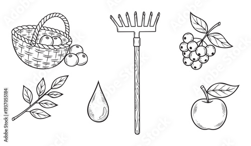 A collection of simple black and white line drawings featuring garden tools, harvest fruits, and nature elements perfect for childrens coloring books, educational materials, or seasonal