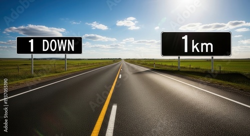 Road Signs Show the Distance on Asphalt, Kilometer and Milestone on Horizon
