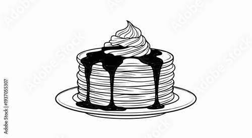 Stacked pancakes with whipped cream and chocolate sauce drizzle