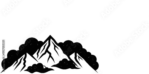 Stylized black and white graphic of jagged mountain peaks partially obscured by swirling clouds