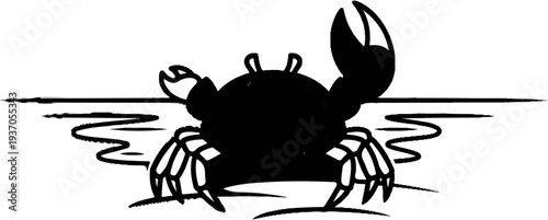 Stylized black crab with raised claw stands on a wavy line above a shoreline
