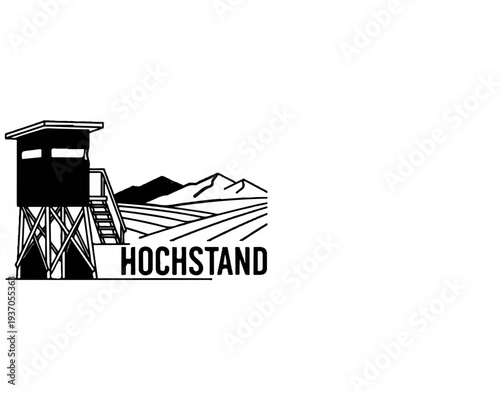 Stylized illustration of a hunting blind on stilts overlooking fields and mountains