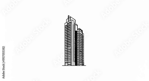 Stylized line drawing of a tall, modern skyscraper with multiple sections