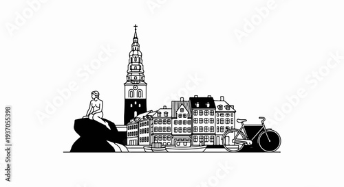 Stylized cityscape featuring a landmark statue, historic buildings, boats, and a bicycle