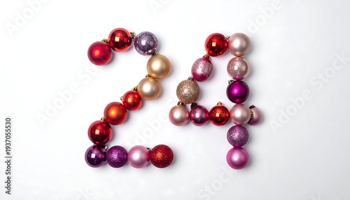 '24' formed from colorful Christmas baubles on white. Warm tones highlight holiday. Festive, celebratory design