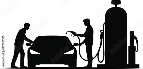 Car refueling at gas station silhouette, driver filling vehicle with fuel pump, automobile energy service transportation concept illustration