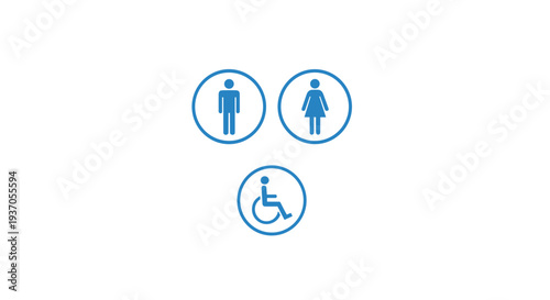 Three blue circular icons for male, female, and disabled restrooms.