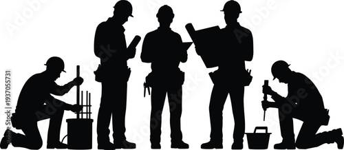 Construction workers silhouette collection, builders engineers with tools and blueprints, industrial labor teamwork building industry illustration set