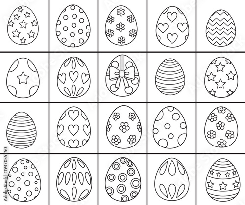 Easter Day 20 eggs set, Collection of 20 Easter eggs with various decorative patterns for coloring and celebration