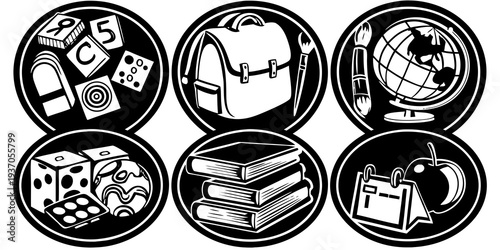 Modern educational icons for learning and school supplies inside circle monochrome style