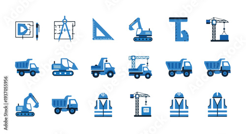 A vibrant blue and white vector set showcases various construction and engineering elements, including drafting tools, heavy machinery, and safety apparel.