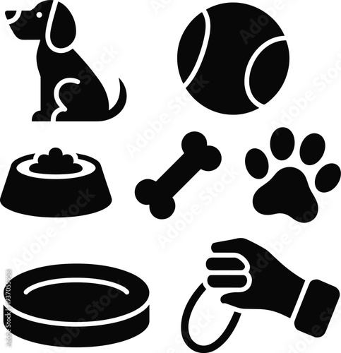 Dog pet care icons set silhouette, puppy toy food bowl leash paw bone ball animal service illustration