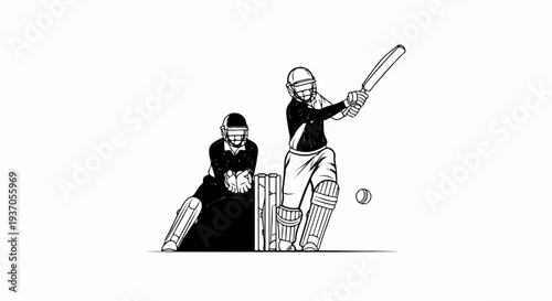 Black and white illustration of a cricket game in progress, showing a batter swinging