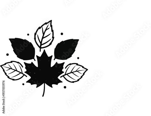 Black and white illustration of a central maple leaf surrounded by other leaves and dots
