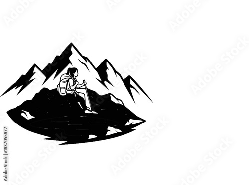 A stylized black and white illustration of a person hiking