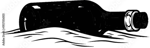 Black bottle with cork stopper floats on wavy water surface