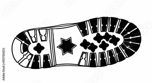 Black and white illustration of the sole of a rugged boot with deep treads