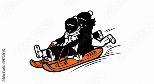 Two kids on a sled speeding down a slope, motion lines indicate speed