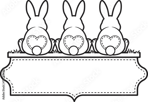 Easter day bunny line art label clipart style vector, Charming Trio of Bunny Backs with Heart-Shaped Tails and Decorative Frame for Festive Spring Craft Designs