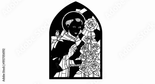 Stained glass window depicts a smiling man with a halo and roses