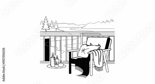 Cozy deck scene with a chair, candles, and a scenic landscape view
