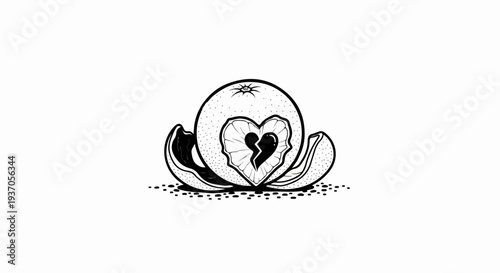 Cracked heart revealed within a peeled citrus fruit