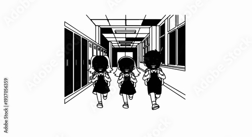 Three children with backpacks run down a school hallway