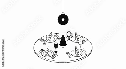 Festive table setting with place settings, a tree, and a hanging ornament