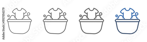 
outline icon set washing clothes with bucket and clothes design